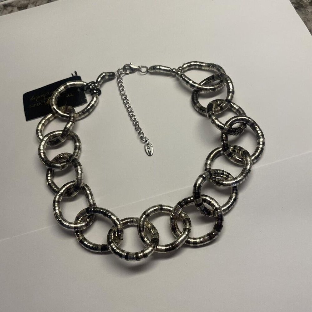 Signed Traci Lynn Statement Chunky Costume Necklace Silver Tone Circle Links NWT